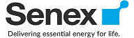 Senex logo with the tagline "Delivering essential energy for life." The logo features the company name "Senex" in black text and a blue square with a rounded upper-right corner.